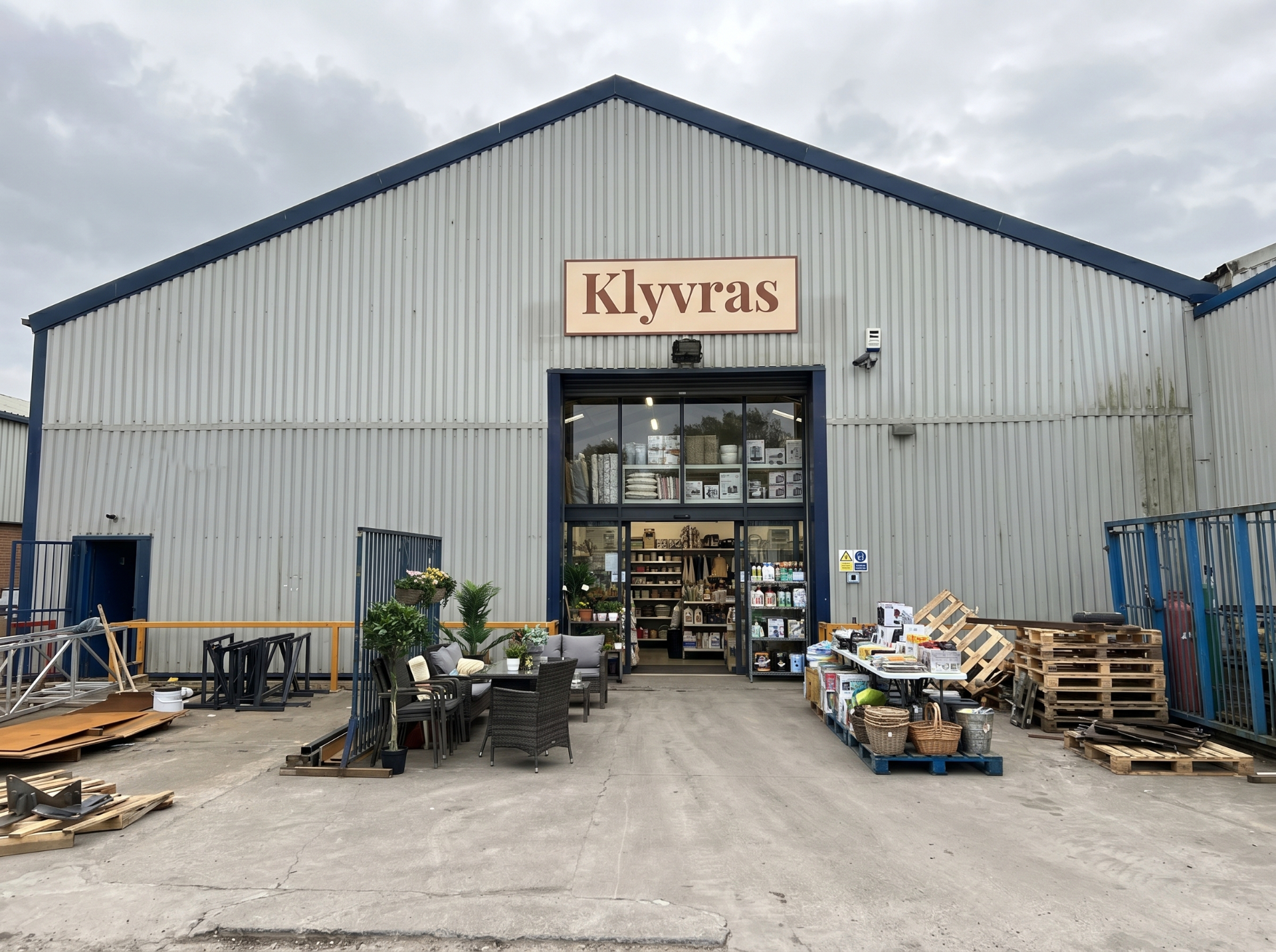Klyvras warehouse storefront in Morecambe, United Kingdom